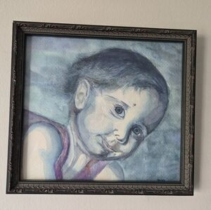 Original Framed Watercolor Portrait in Blue and Purple